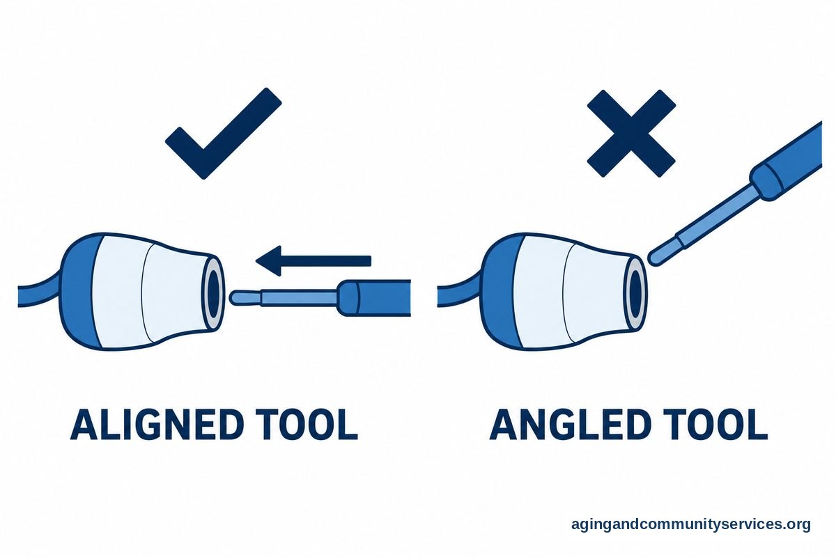 Two receiver tips show an applicator aligned straight with the opening beside an applicator approaching at an angle, marked with a check and a cross.