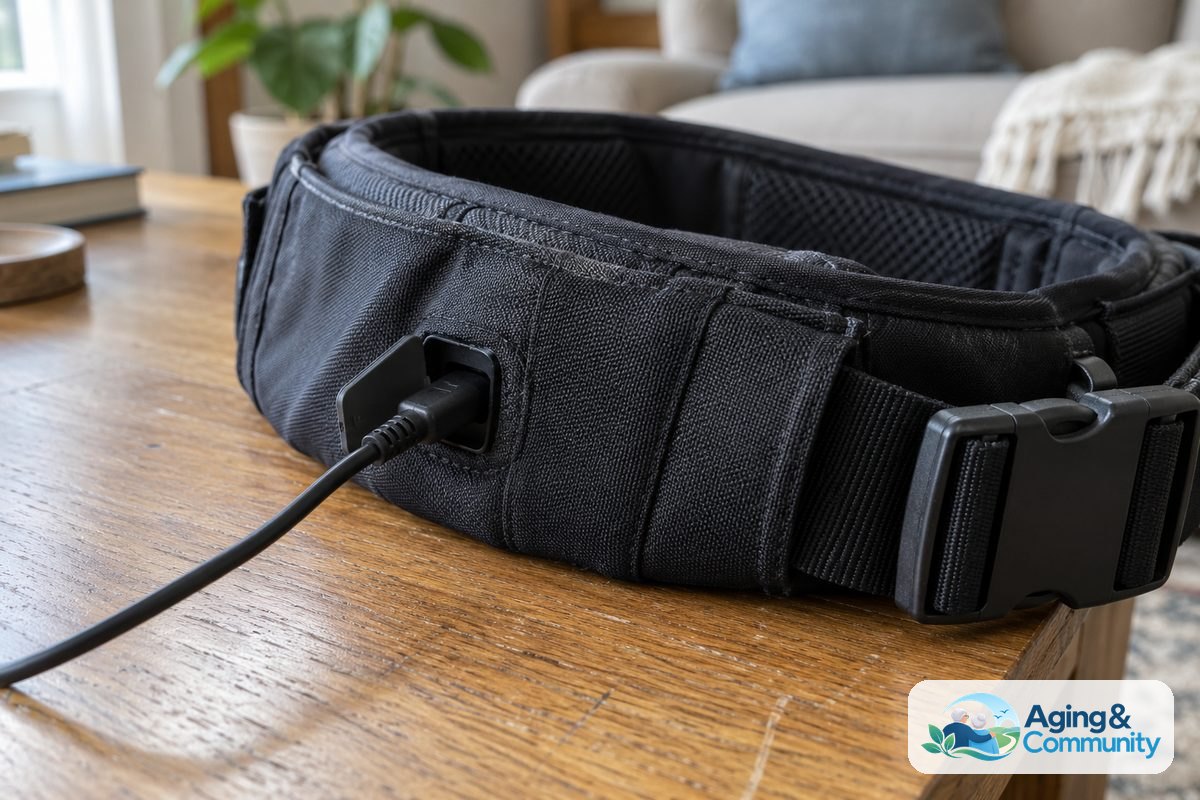 A fabric airbag belt rests on an oak table with a charging cable connected to a recessed port beside its buckle.