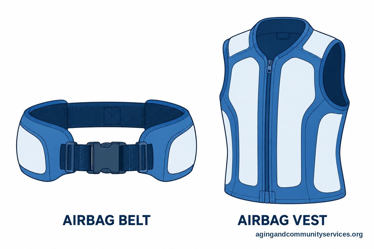 A fabric airbag belt with a front buckle appears beside a sleeveless airbag vest with a front zipper.