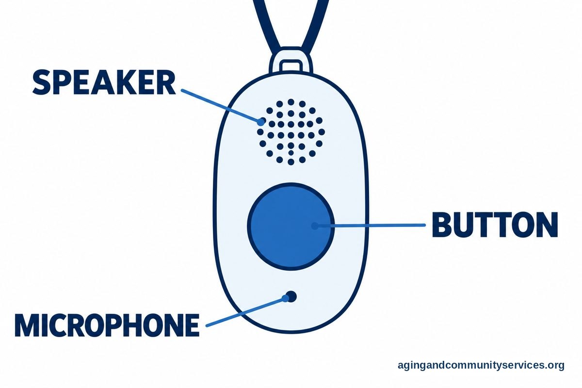 Wearable Safety Device for Elderly Living and Peace of Mind 2 A large drawing of an alert pendant has three callouts pointing to its central button, speaker grille, and microphone opening.