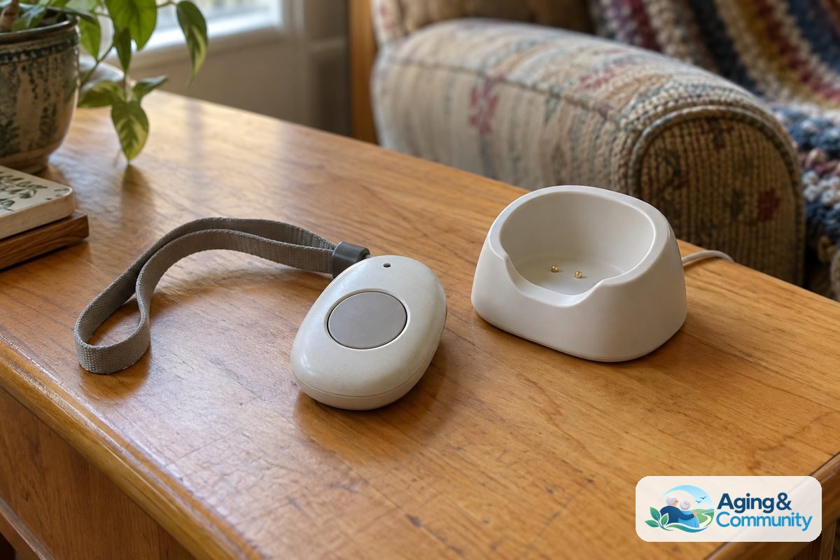 Elderly Fall Statistics Families Should Know 4 A wearable alert pendant with a large central button rests beside its charging cradle on a wooden side table.