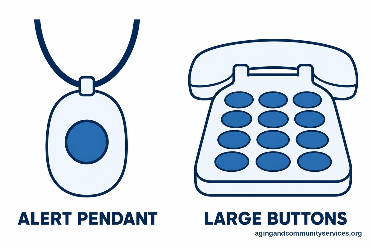 A wearable pendant with one prominent button appears beside a tabletop telephone with oversized blank keypad buttons.