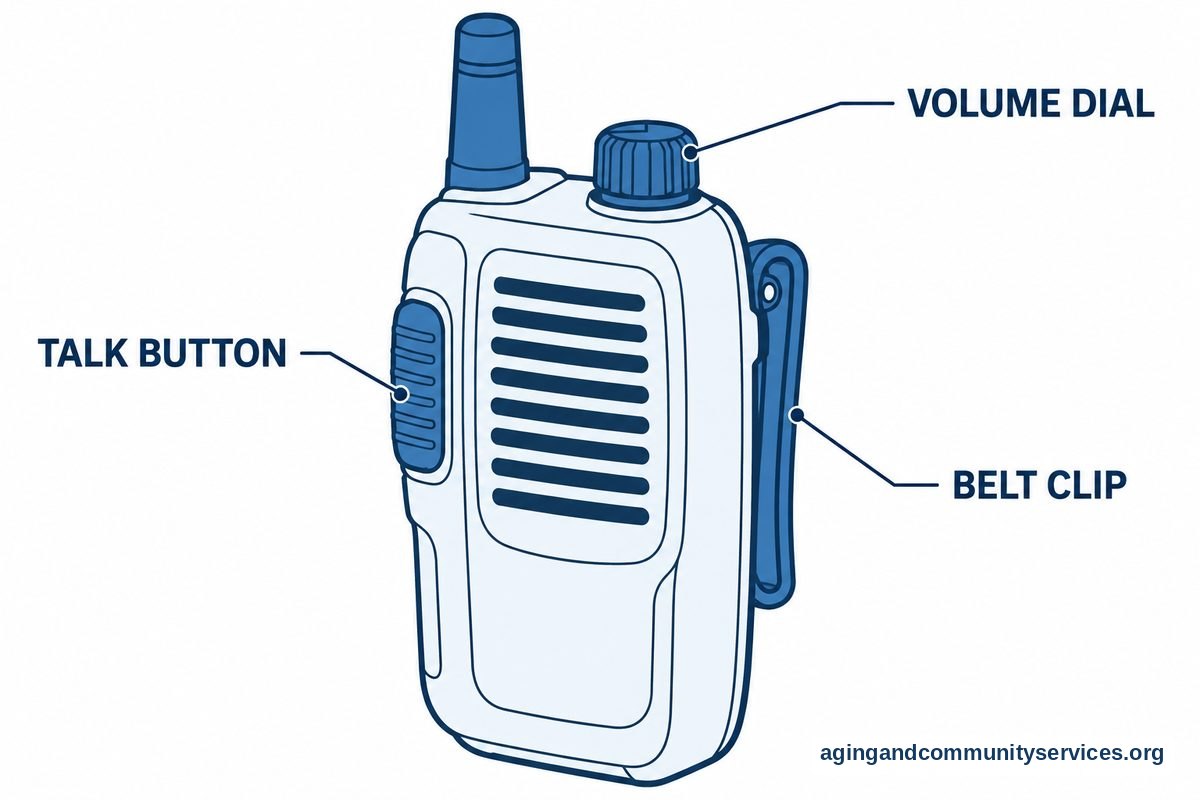 A large drawing of a compact wearable radio identifies its textured talk button, top volume dial, and rear belt clip.