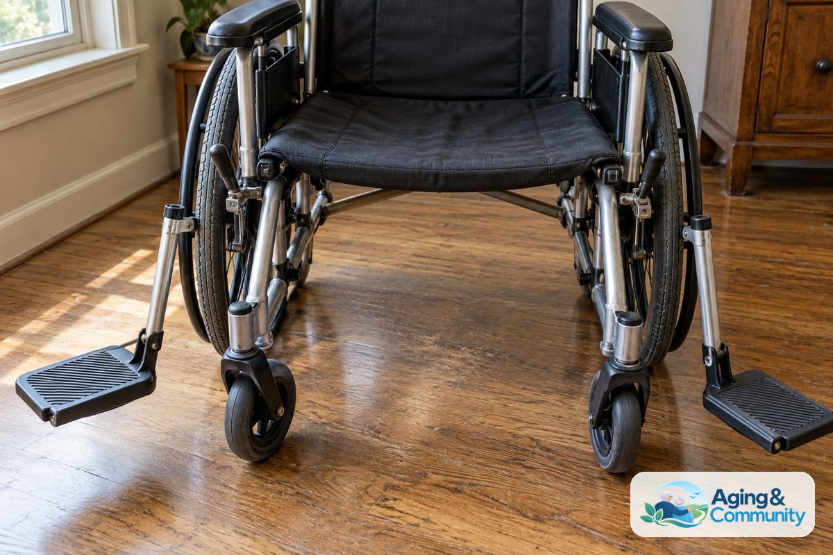 How to Use a Gait Belt Pictures and Step-by-Step Guide 5 An empty wheelchair has both wheel locks engaged and its footrests swung outward beside a clear patch of wood flooring.