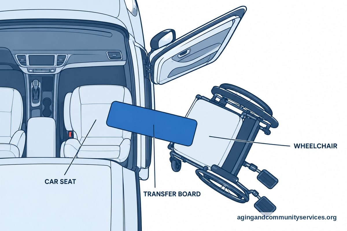 How to Use Transfer Board From Wheelchair to Car Safely 2 A top down diagram shows a wheelchair angled toward an open passenger doorway with a transfer board bridging the nearby seat cushions.