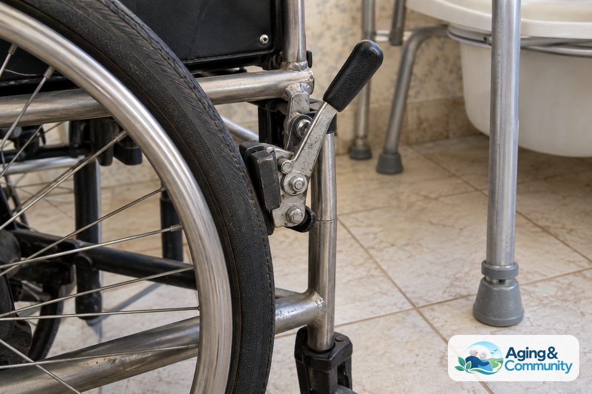 A close view shows a wheelchair wheel lock pressed against its tire beside the rubber tipped leg of a stationary commode.