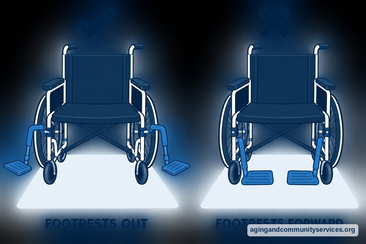 Two drawings of the same empty wheelchair compare footrests swung outward with footrests left forward, marked by a check and a cross.