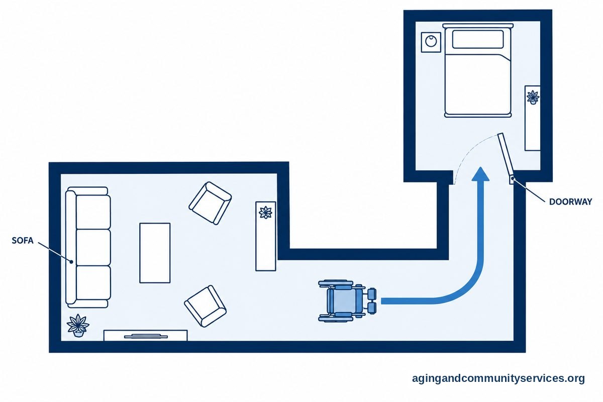 A top down floor plan shows a wheelchair route past a sofa, around a hallway corner, and through an open doorway.