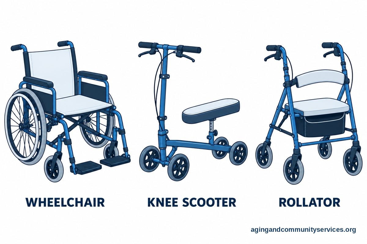 Three vector drawings show a manual wheelchair with footrests, a knee scooter with a raised shin cushion, and a rollator with a seat between its handles.