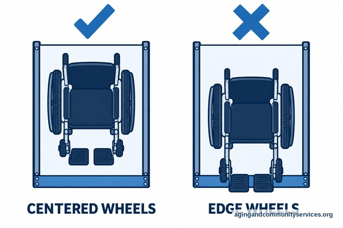 Two overhead drawings show an empty wheelchair centered inside a lift platform with a check mark and positioned over the outer barrier hinge with a cross.
