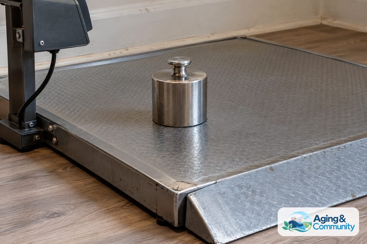 How to Use Wheelchair Scale Safely and Accurately 5 A metal test weight sits near the center of a wheelchair scale platform beside its display housing.