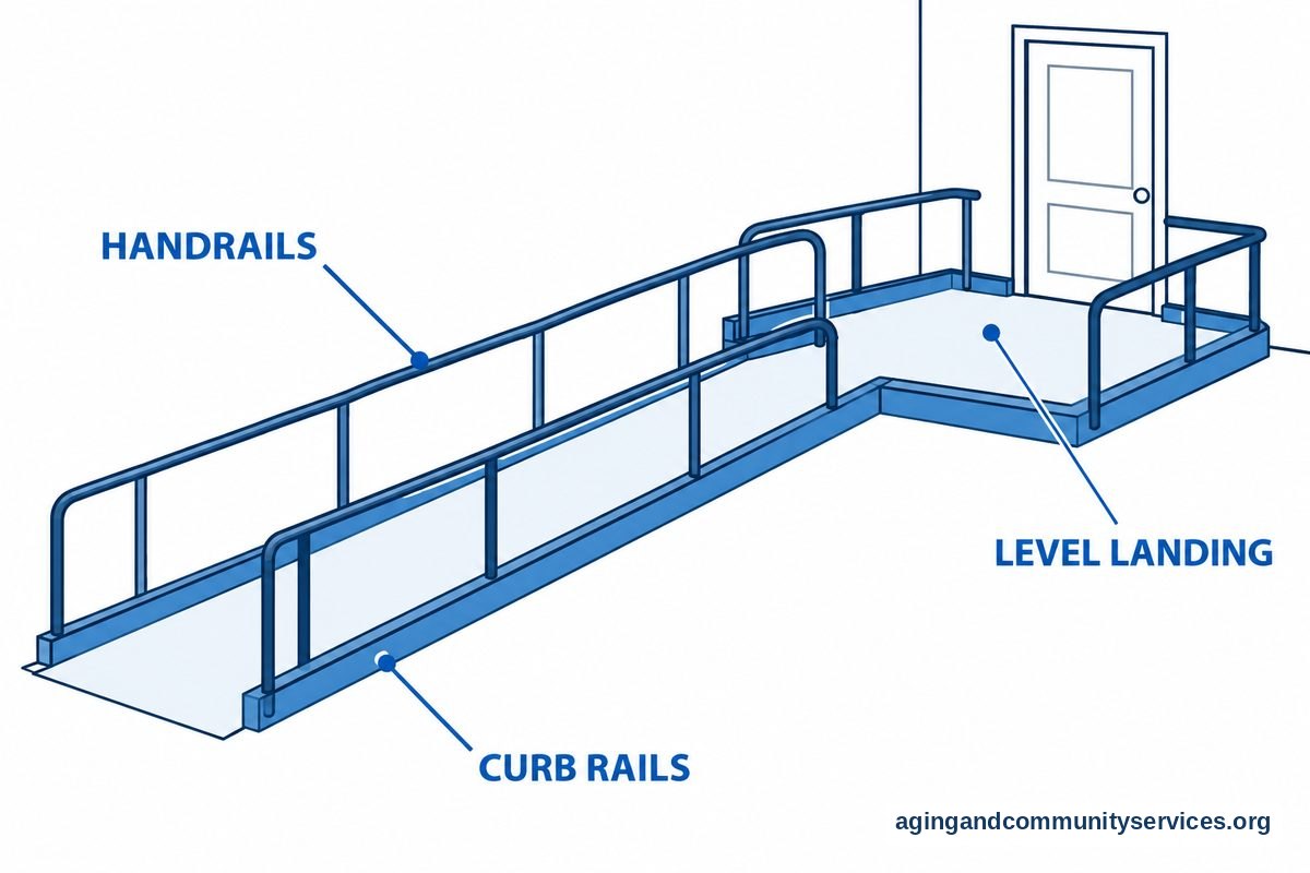 An illustrated ramp meets a level doorway landing, with callouts identifying continuous handrails, raised curb rails, and the landing surface.