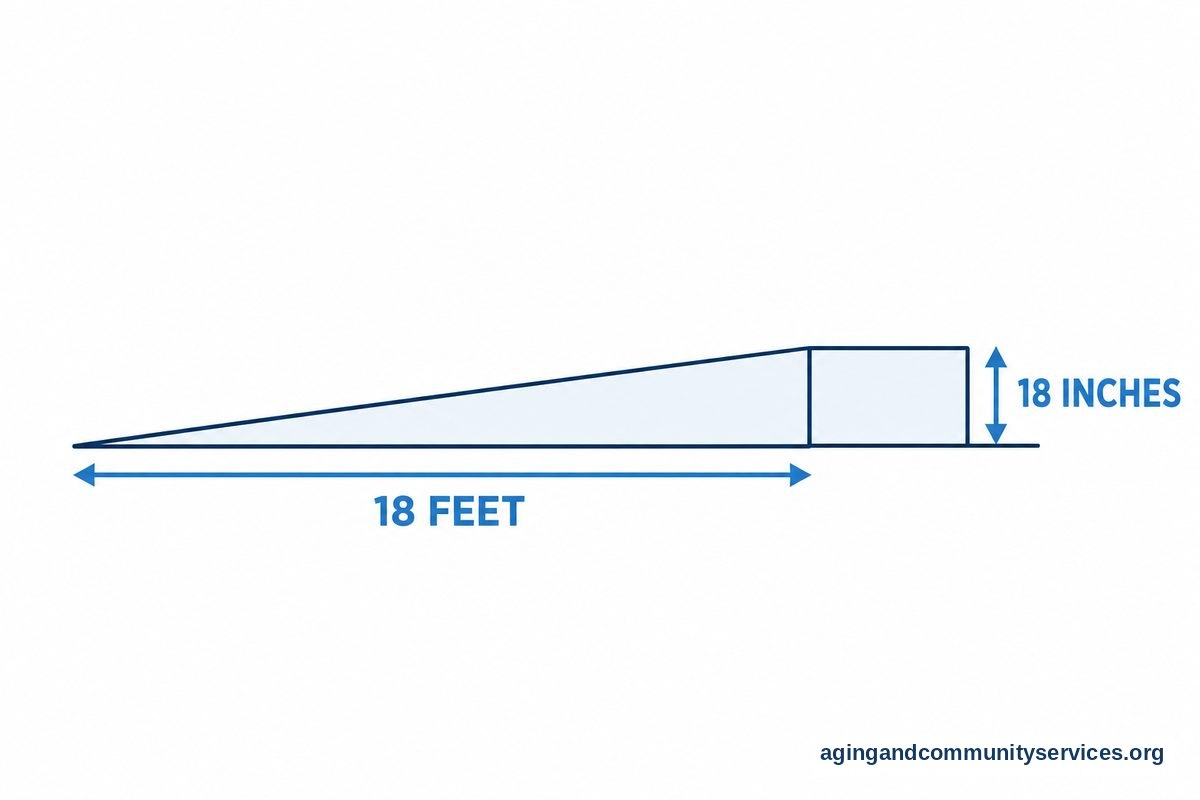 A side elevation of a ramp shows a vertical dimension of 18 inches and a horizontal dimension of 18 feet between the ground and a raised porch.