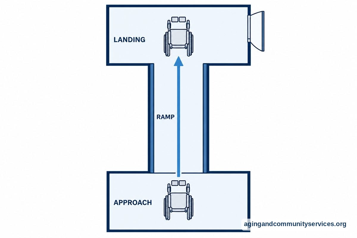 A top down diagram shows a wheelchair aligned with a straight ramp and a second wheelchair position entirely within the upper landing.