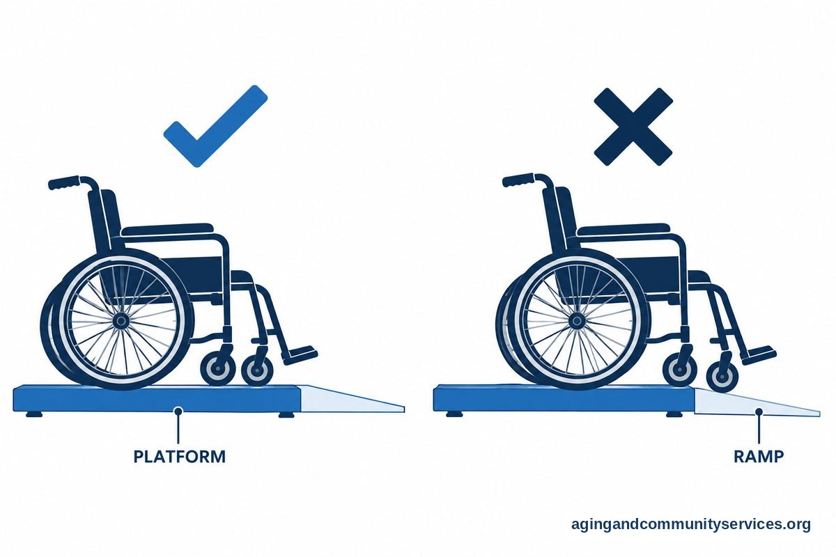 How to Use Wheelchair Scale Safely and Accurately 3 Two side views compare an empty wheelchair fully supported by a scale platform with a wheelchair whose front casters rest on the ramp.