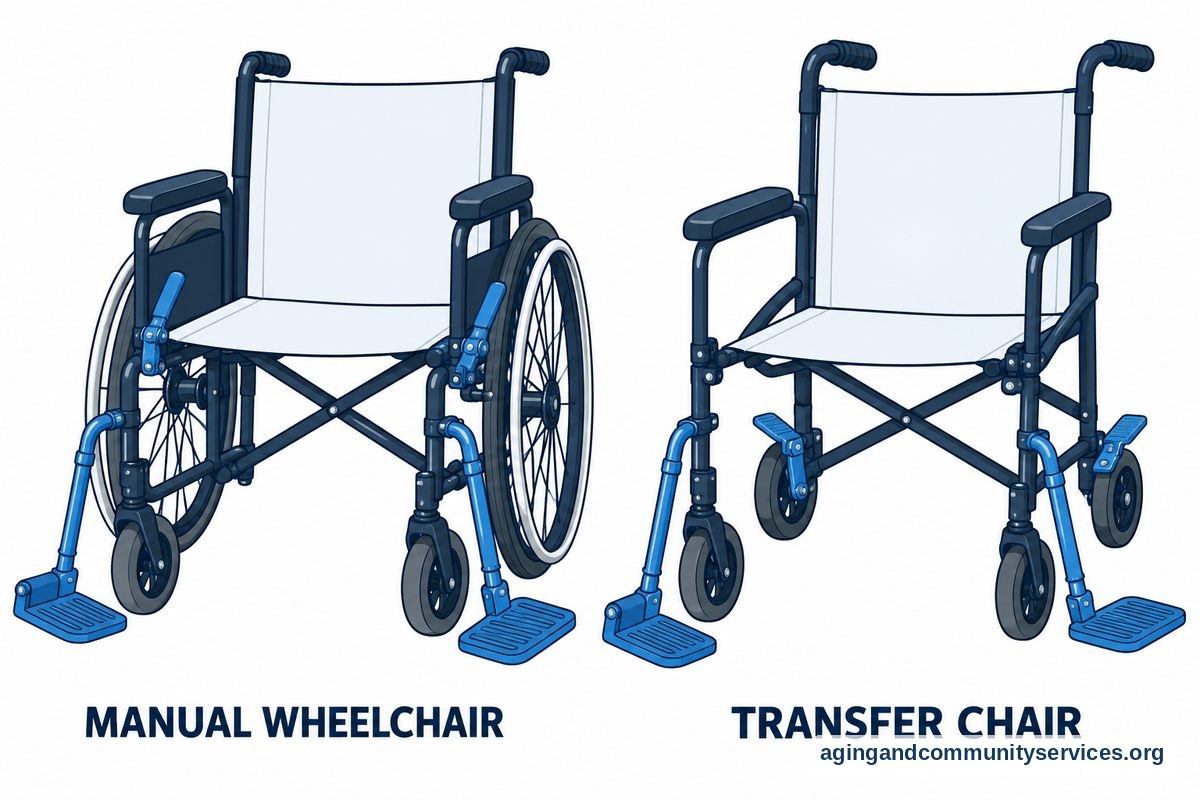 A manual wheelchair and a transfer chair are drawn with their parking locks engaged and their footrests swung outward.