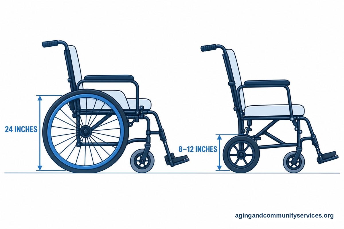 Side profiles of a manual wheelchair and a transfer chair show vertical diameter arrows marking their rear wheels as 24 inches and 8 to 12 inches.