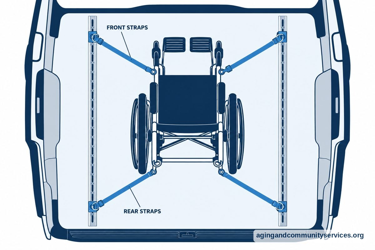 An overhead van floor drawing shows an empty wheelchair connected by four separate straps to two front anchors and two rear anchors.
