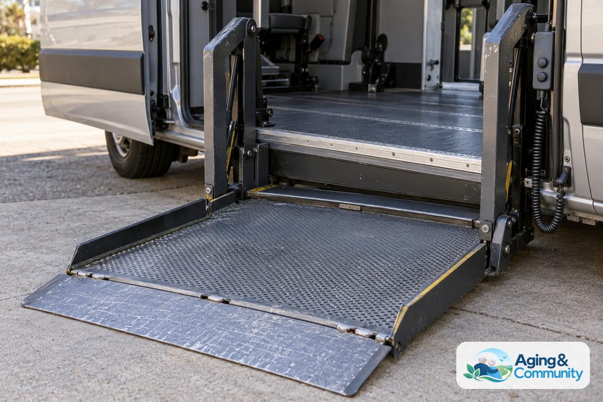 An empty wheelchair lift platform rests on level pavement with its outer roll stop lowered and its corded controller hanging beside the van doorway.