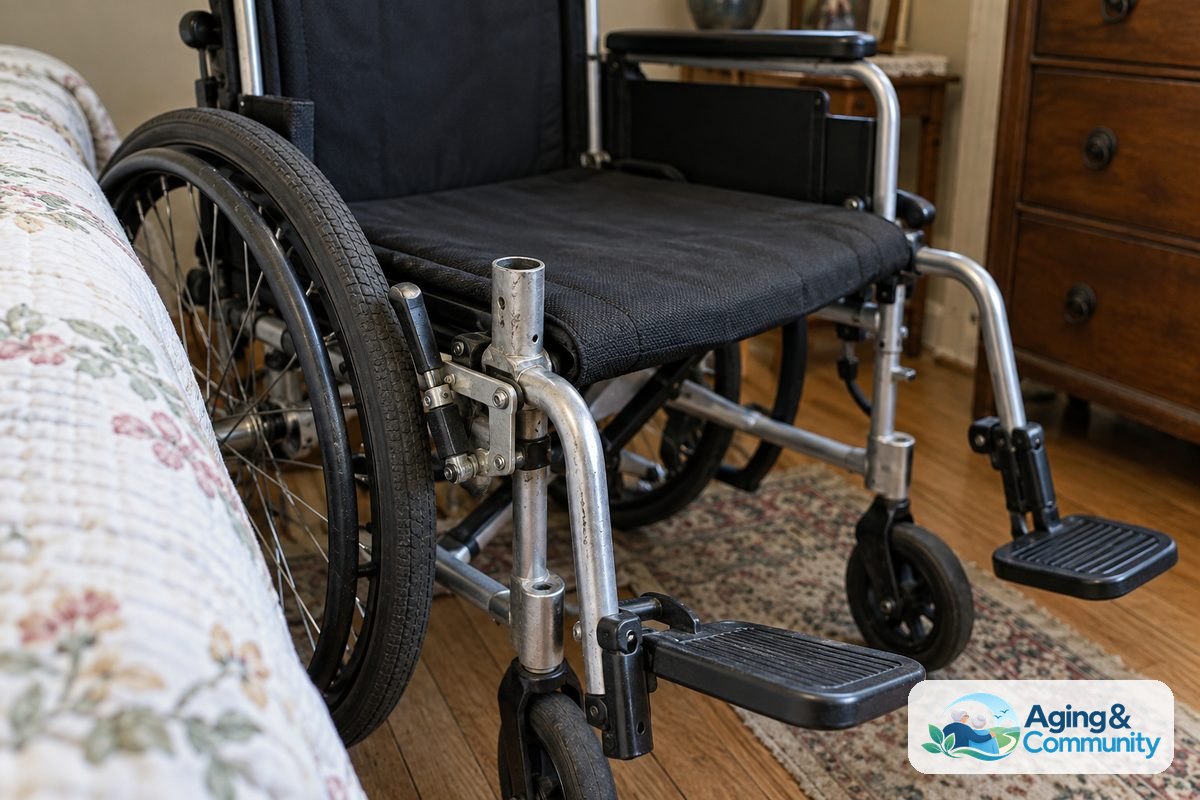 A close view of a wheelchair beside a bed shows an engaged wheel lock, an open armrest socket, and footrests swung away from the transfer side.