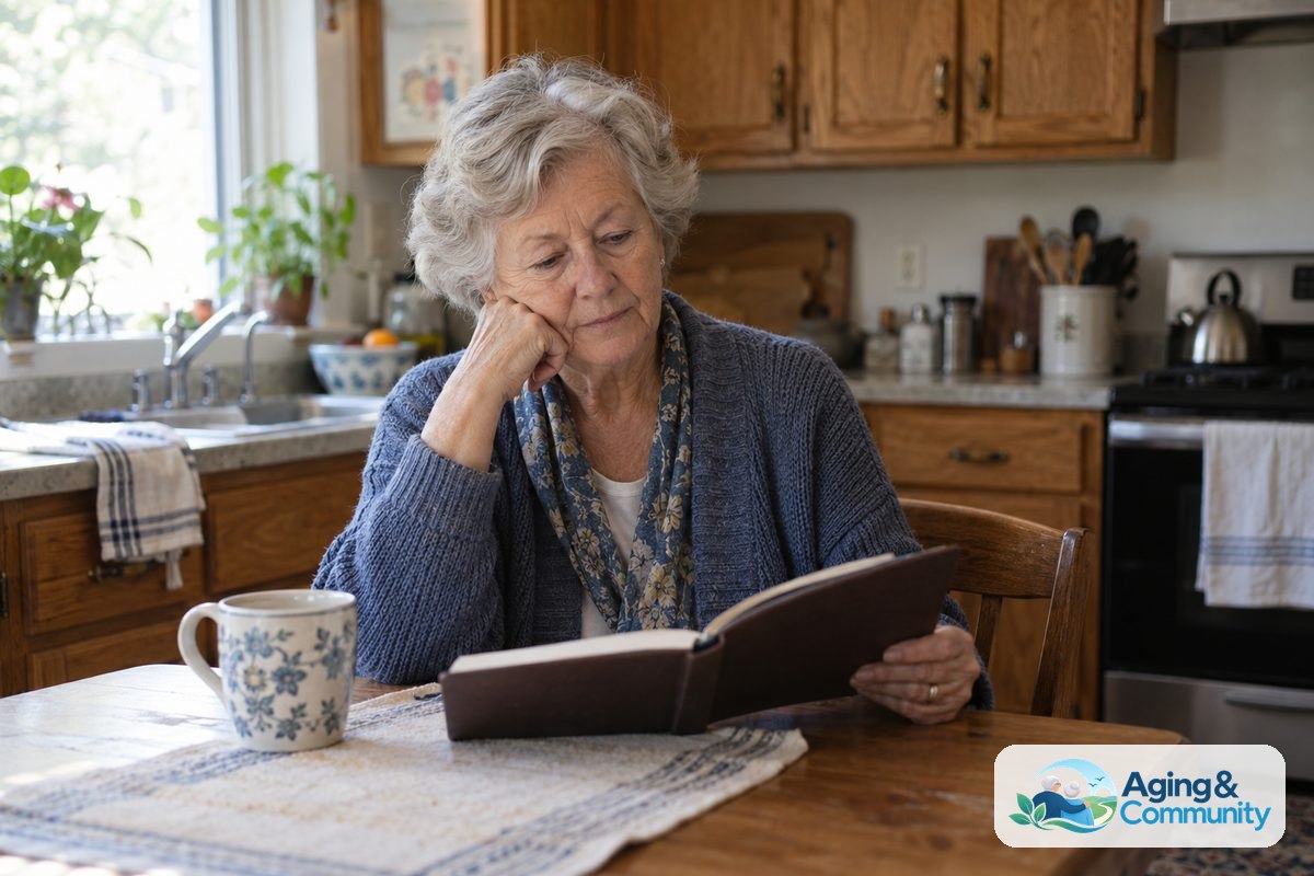 An older woman sits at a wooden kitchen table with a cup of tea and an open notebook beside a window.