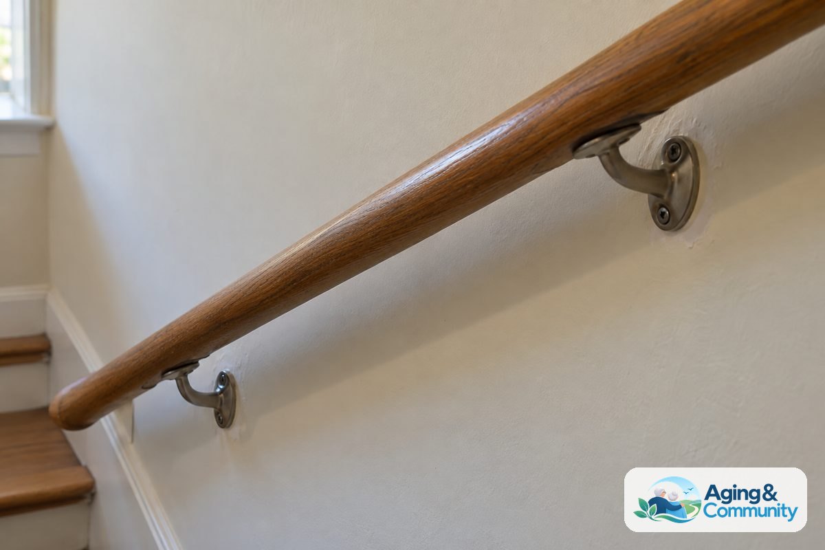 Health And Safety Using Stairs At Home 4 A rounded wooden stair handrail rests on metal brackets attached to a painted wall, with open space behind the rail.