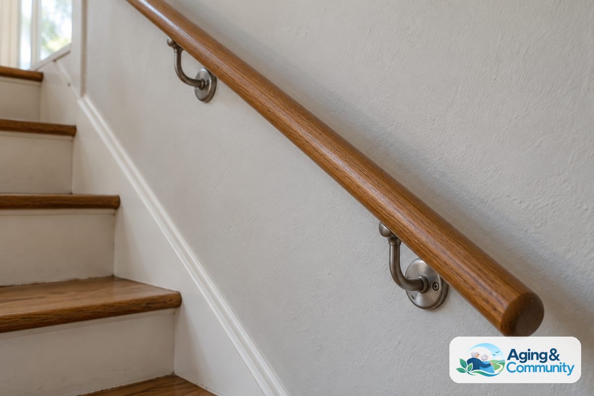 A rounded wooden handrail runs above stair treads and attaches to the wall with metal brackets.