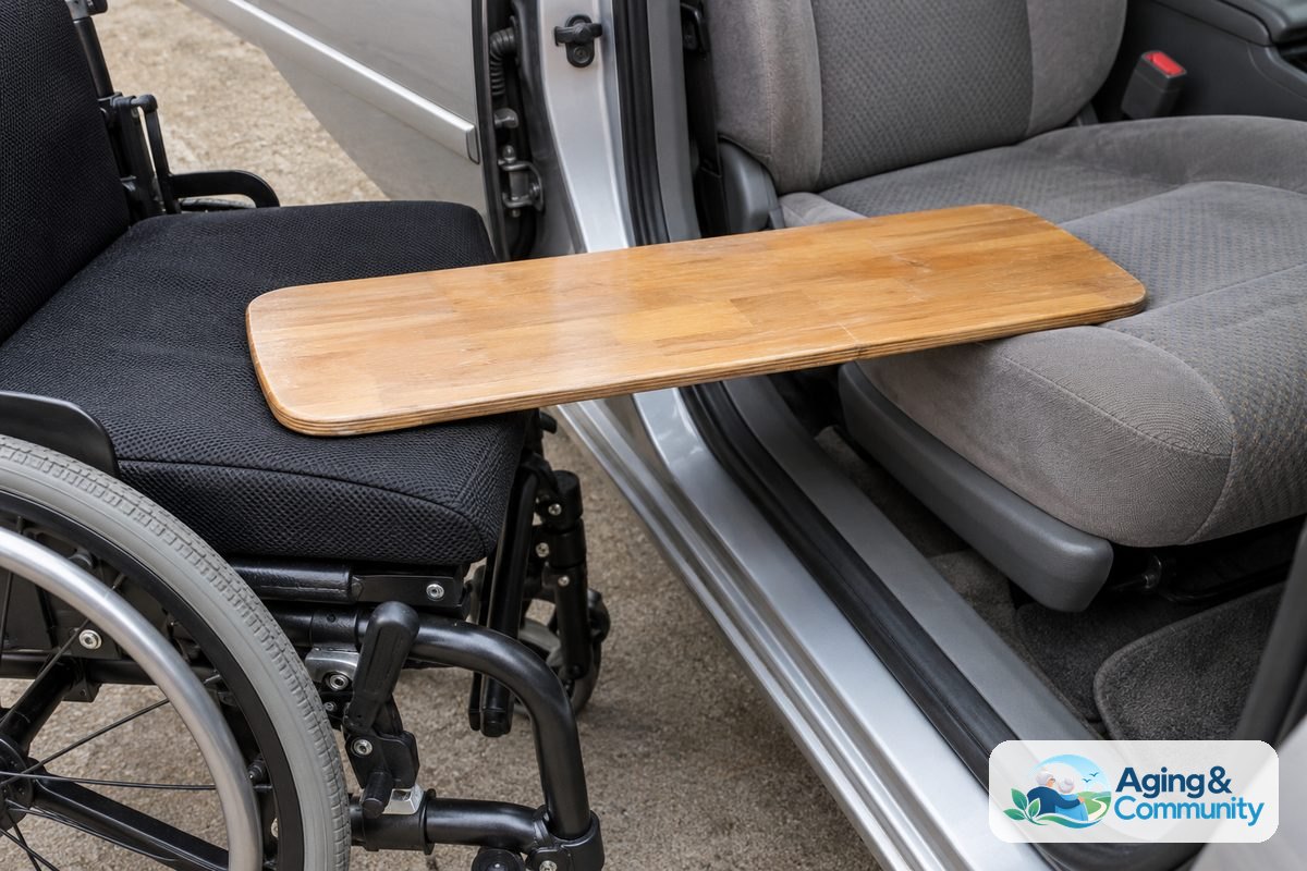 How to Use Transfer Board From Wheelchair to Car Safely 4 A smooth wooden transfer board spans a short gap between an empty wheelchair cushion and a car passenger seat with both ends supported.
