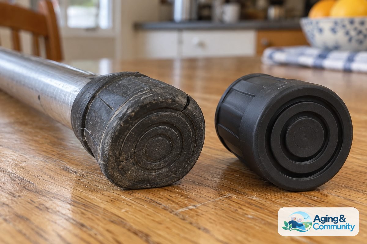 A cane rests on a wooden table with its cracked rubber tip facing the camera beside a replacement tip with intact tread.