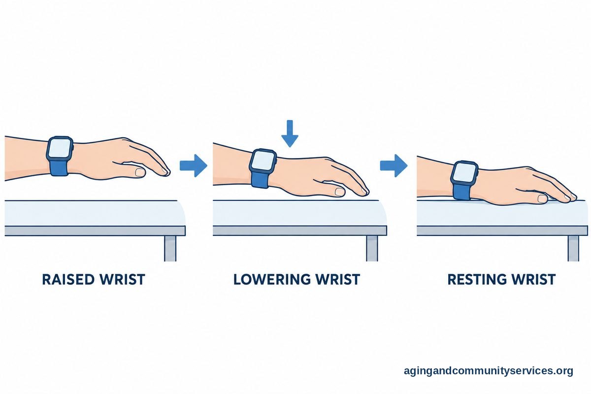 Three drawings show a watch wearing wrist raised above a table, moving downward, and resting on the tabletop.