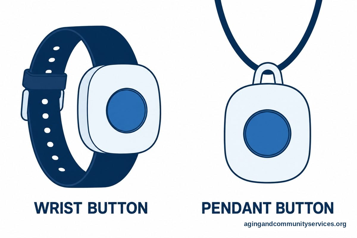 A wearable alert button on an adjustable wrist strap appears beside a pendant alert button on a neck cord.