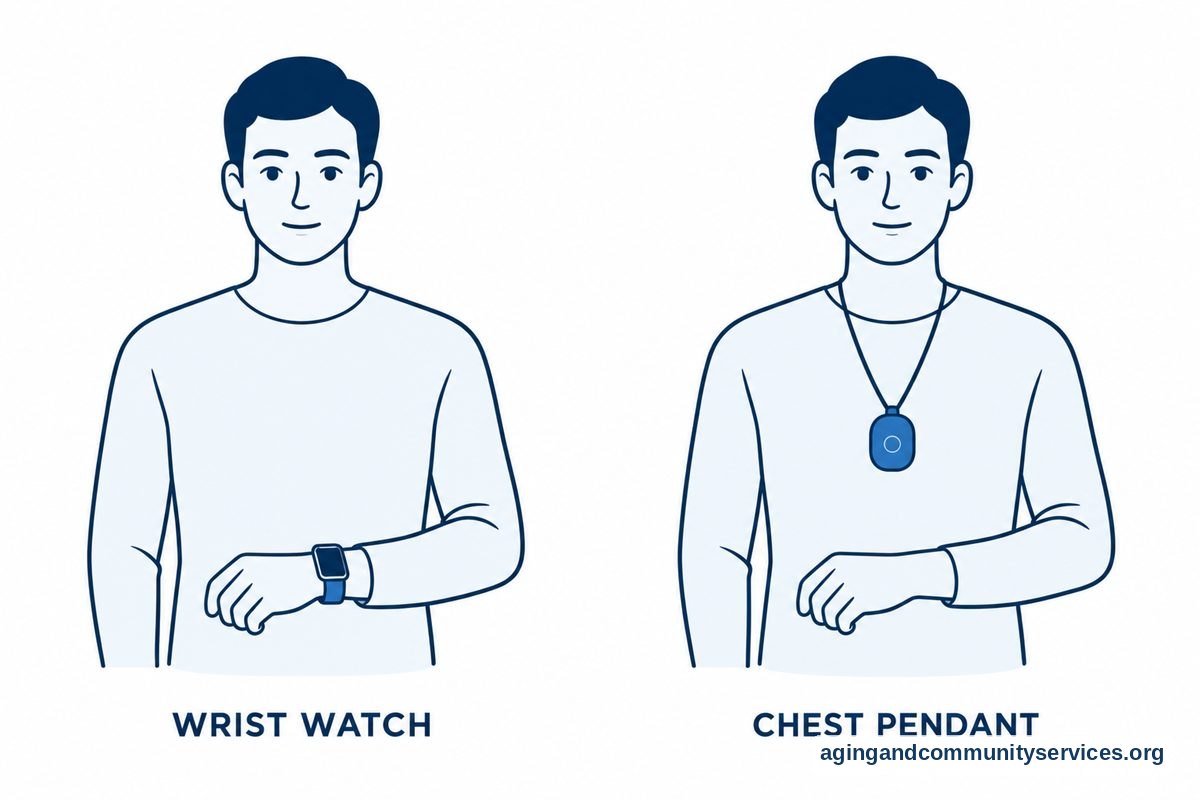 Two upper body outlines show a smartwatch positioned on a wrist and an alert pendant hanging at the center of the chest.