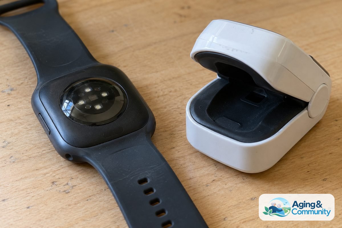 A wrist wearable lies sensor side up beside an open fingertip pulse oximeter on a wooden table.