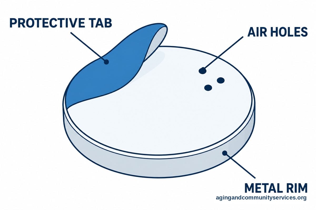 An enlarged button battery has a partly peeled protective tab, visible air holes on its flat face, and three labels pointing to its exterior features.
